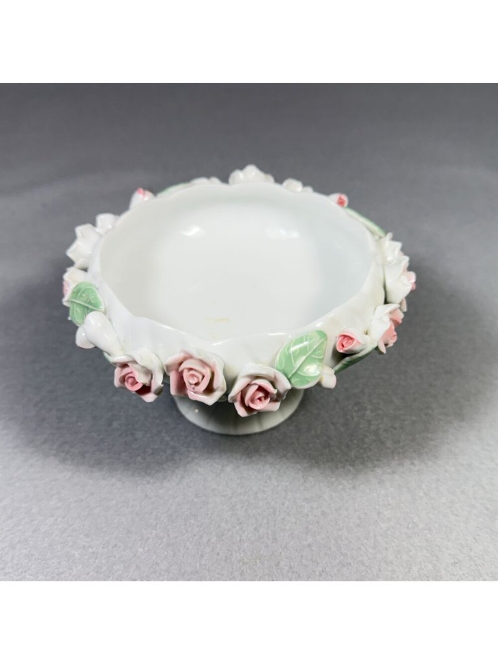 Vintage Encrusted Porcelain Rose Pedestal Bowl Capodimonte Style Candy Dish - Picture 8 of 11